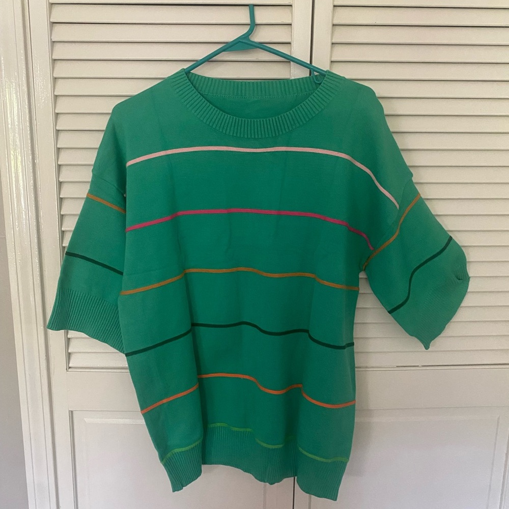 Green Striped Short Sleeve Sweater like new